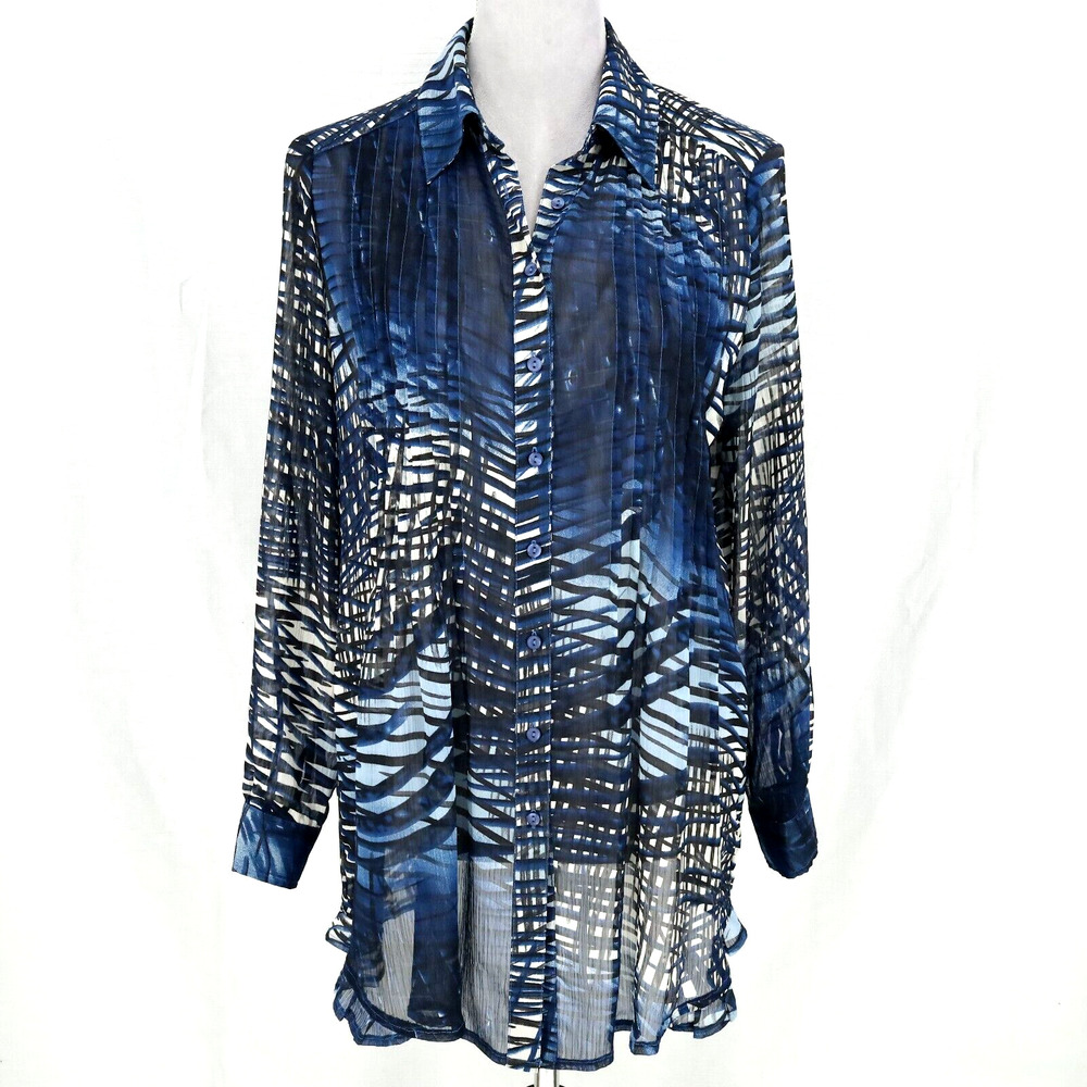 Linea Domani Top Petite 6P Blue White Black Print Sheer Blouse Pleats Buttons